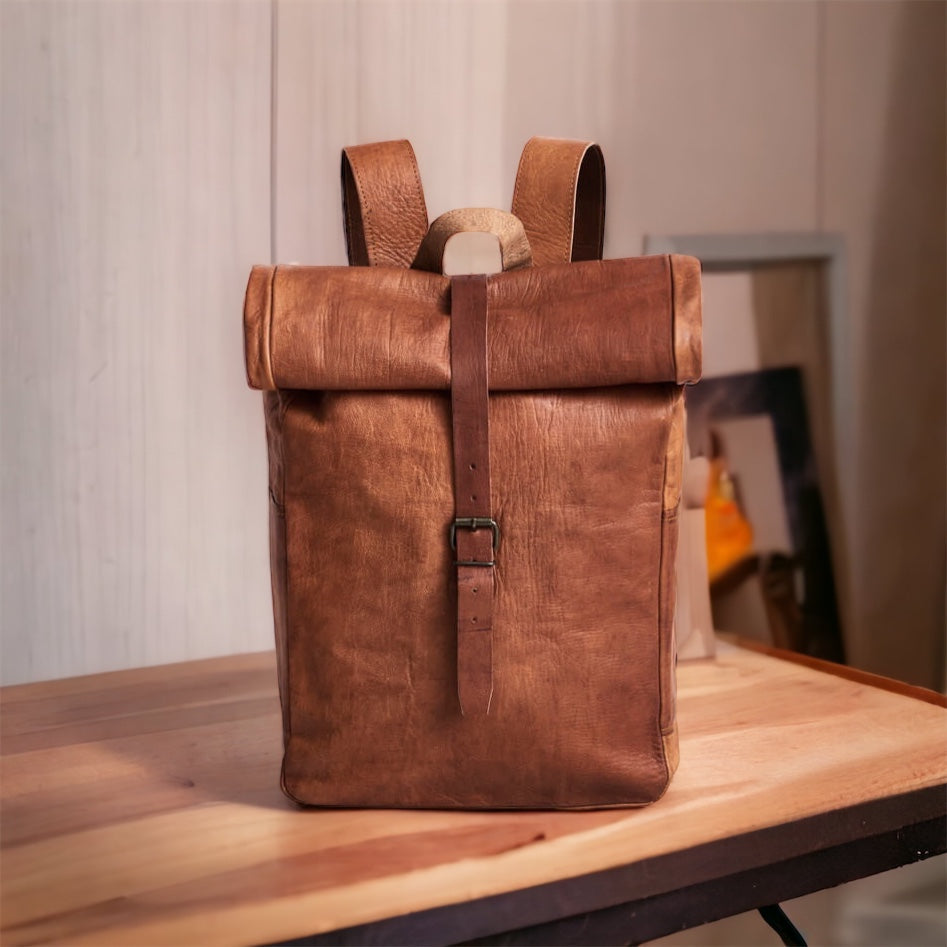 Roll Top Leather Backpack