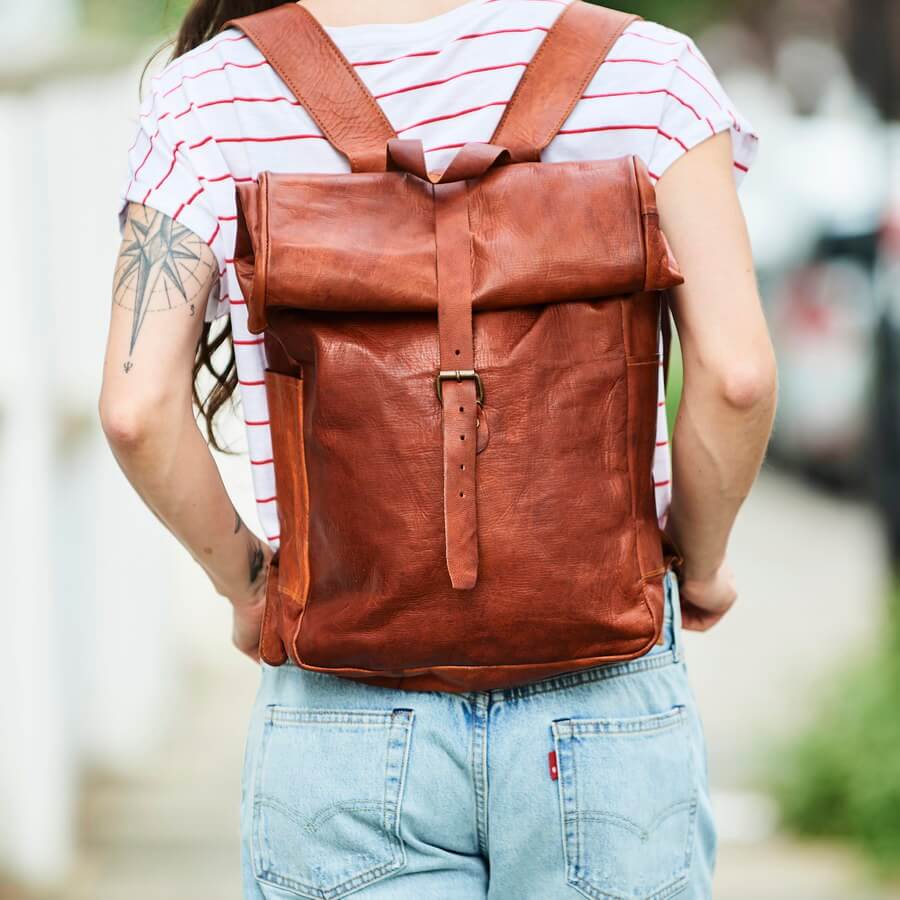 Roll Top Leather Backpack