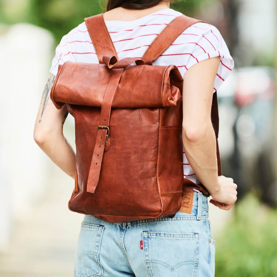 Roll Top Leather Backpack